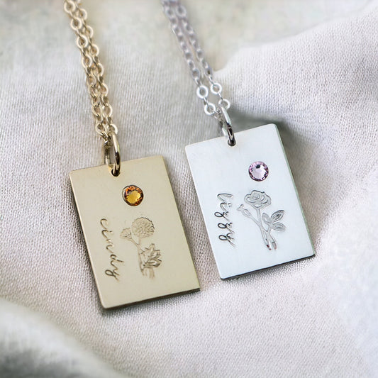 Floral Name and Birthstone Necklace